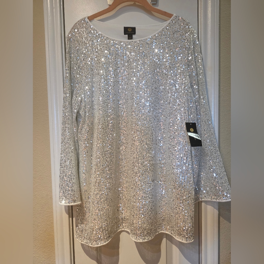 JM Collection (L)Sequin Silver Women's Top